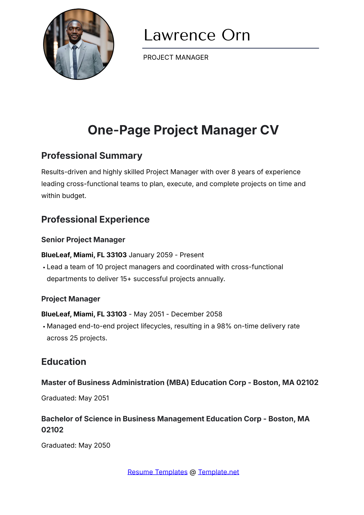 One-Page Project Manager CV Template