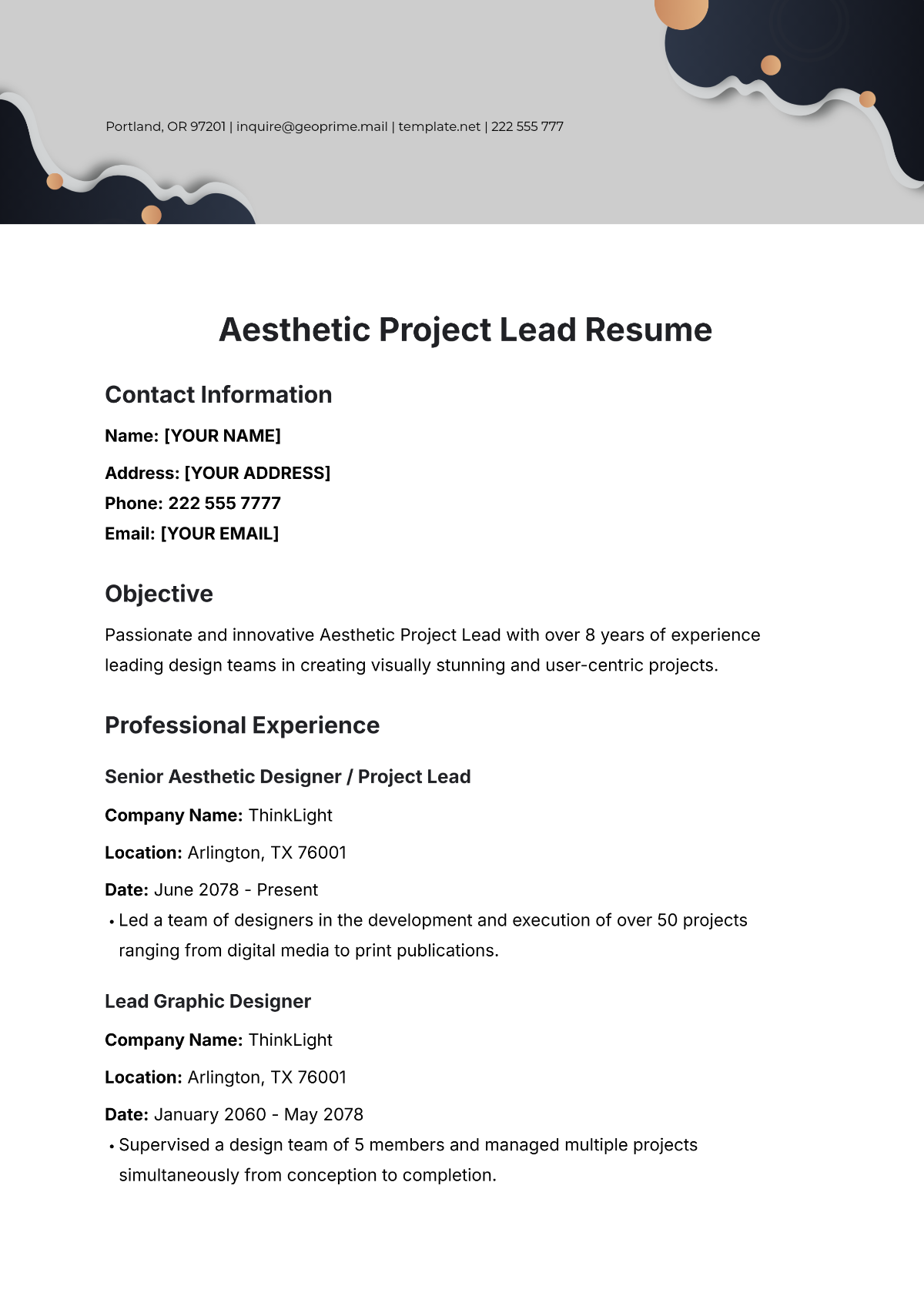 Aesthetic Project Lead Resume Template - Edit Online & Download