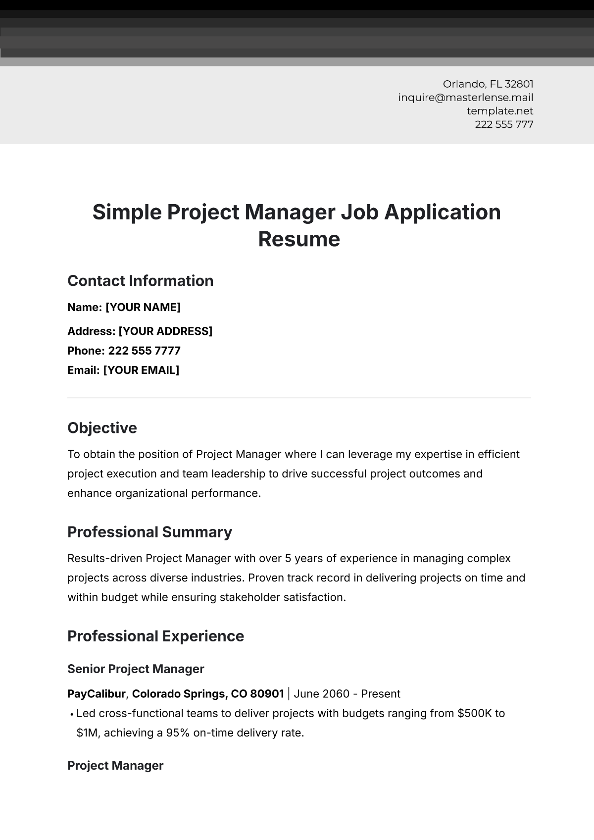 Simple Project Manager Job Application Resume Template