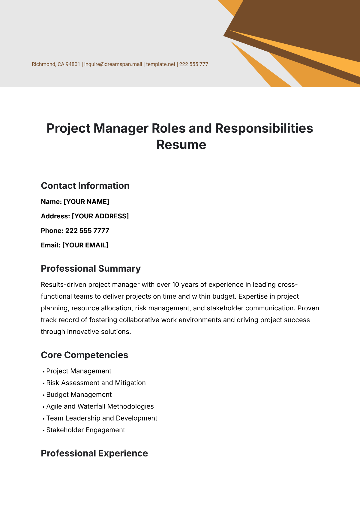 Project Manager Roles and Responsibilities Resume Template - Edit Online & Download