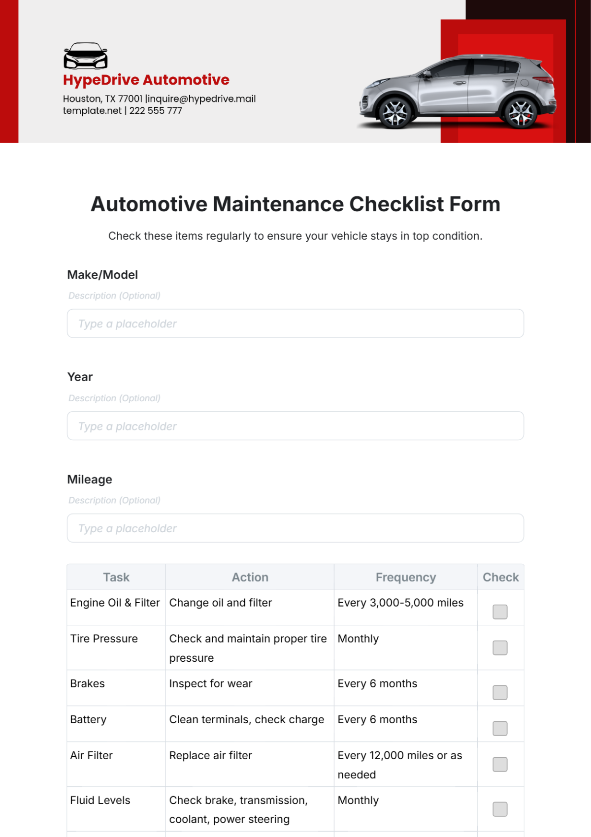  Automotive Maintenance Checklist Form Template | Template.net