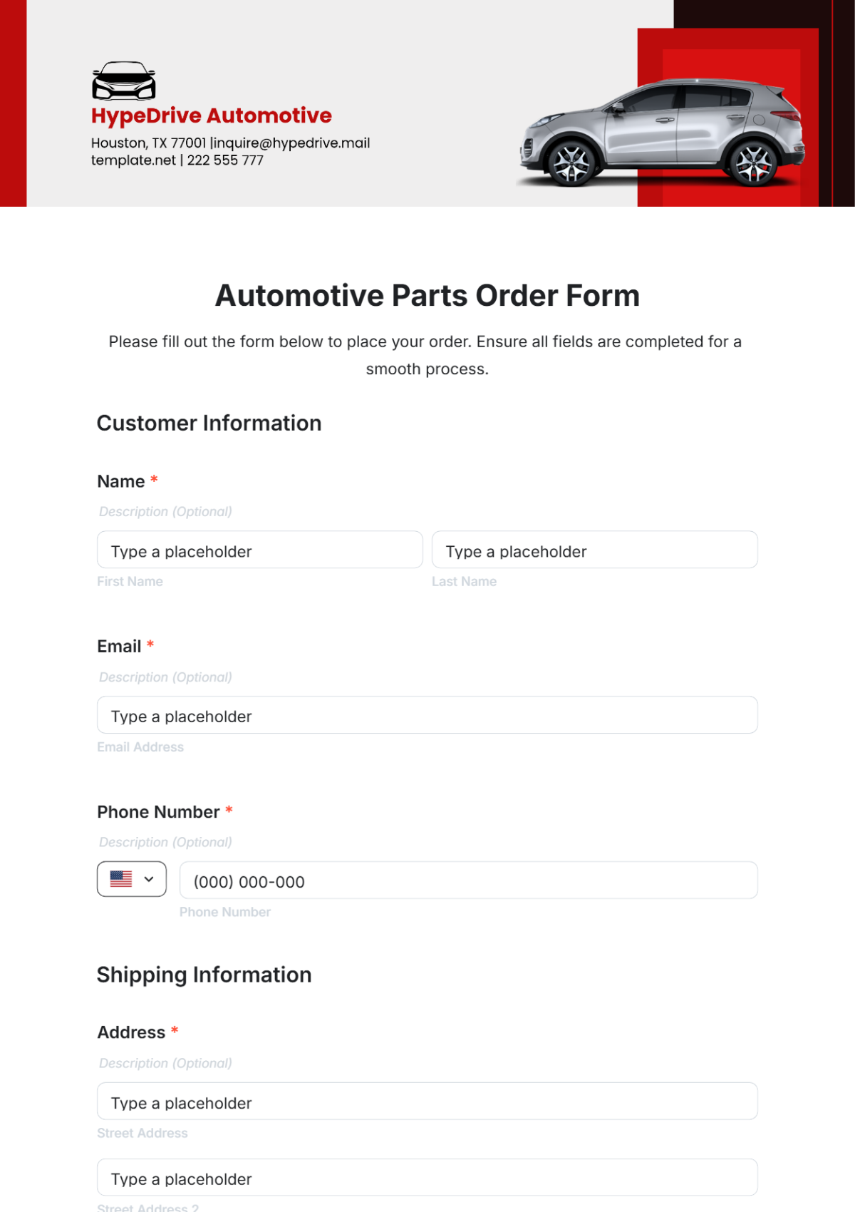 Automotive Parts Order Form Template - Edit Online & Download