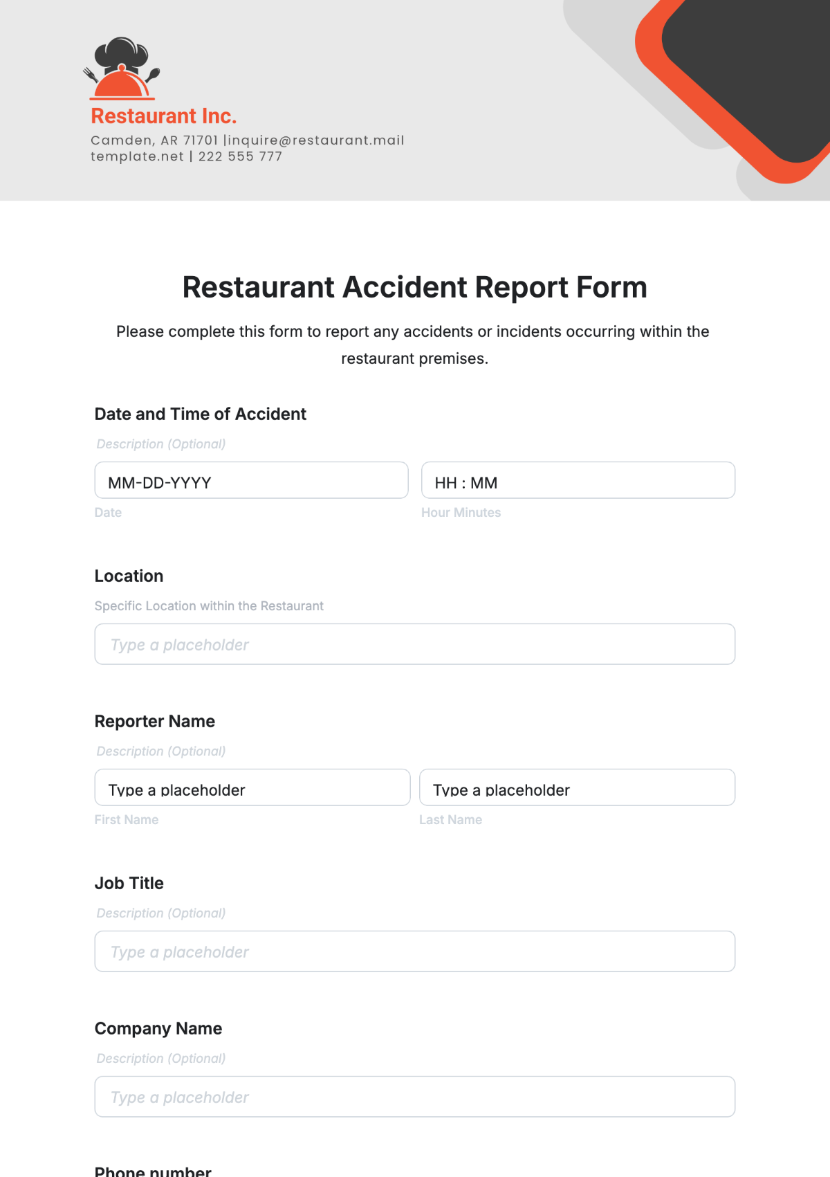 Restaurants Accident Report Form Template - Edit Online & Download