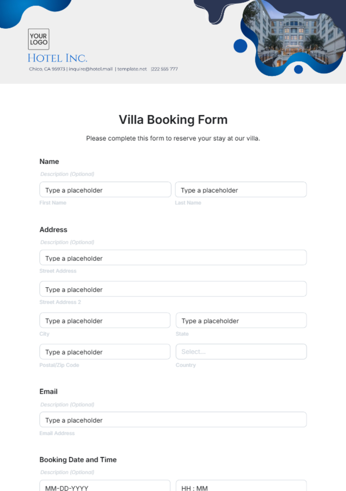 Villa Booking Form Template - Edit Online & Download