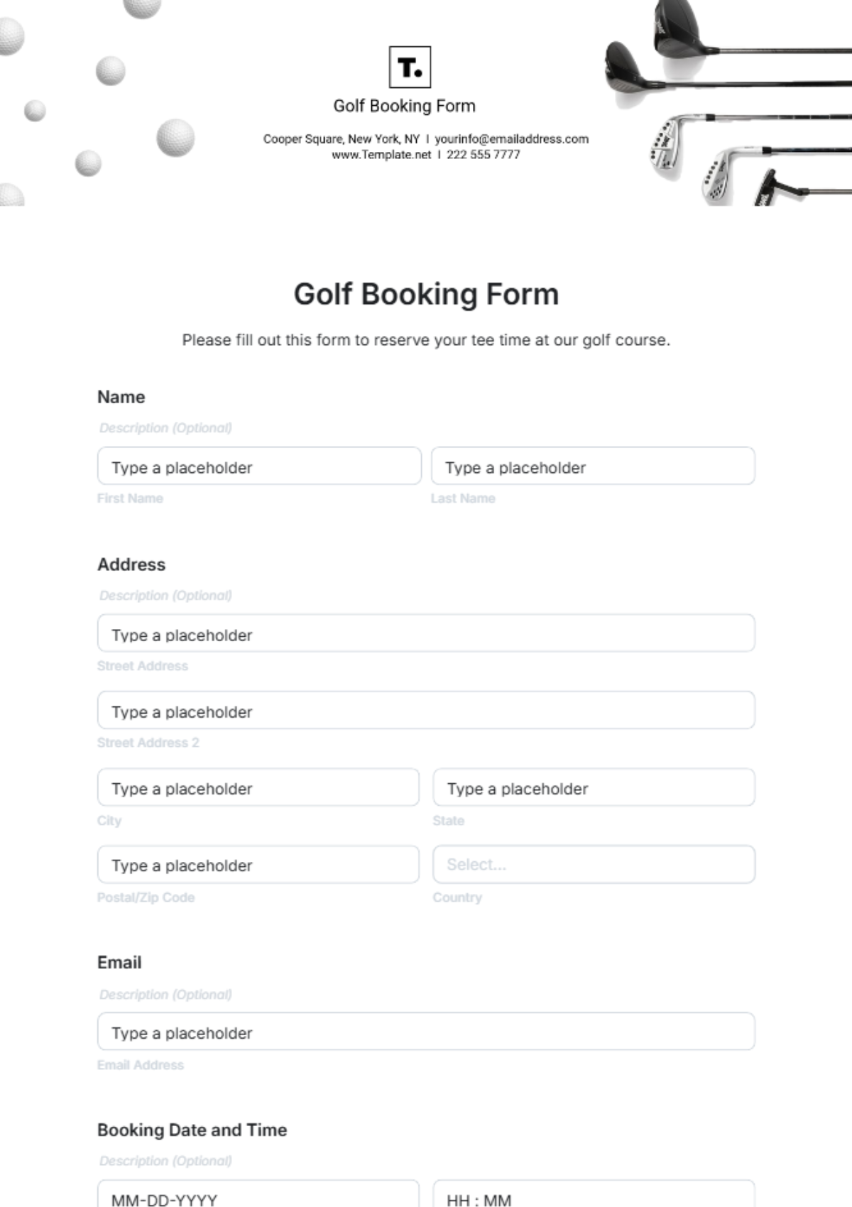 Golf Booking Form Template - Edit Online & Download