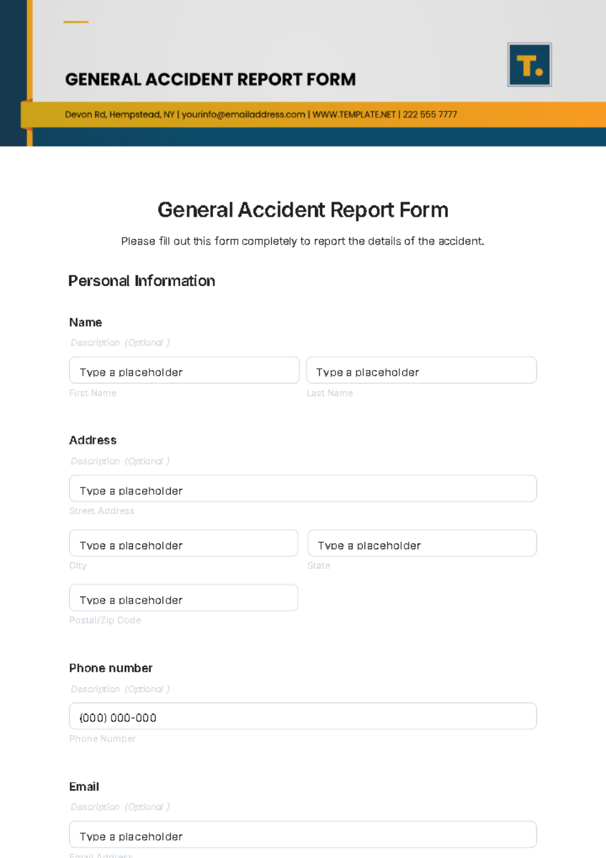 General Accident Report Form Template - Edit Online & Download