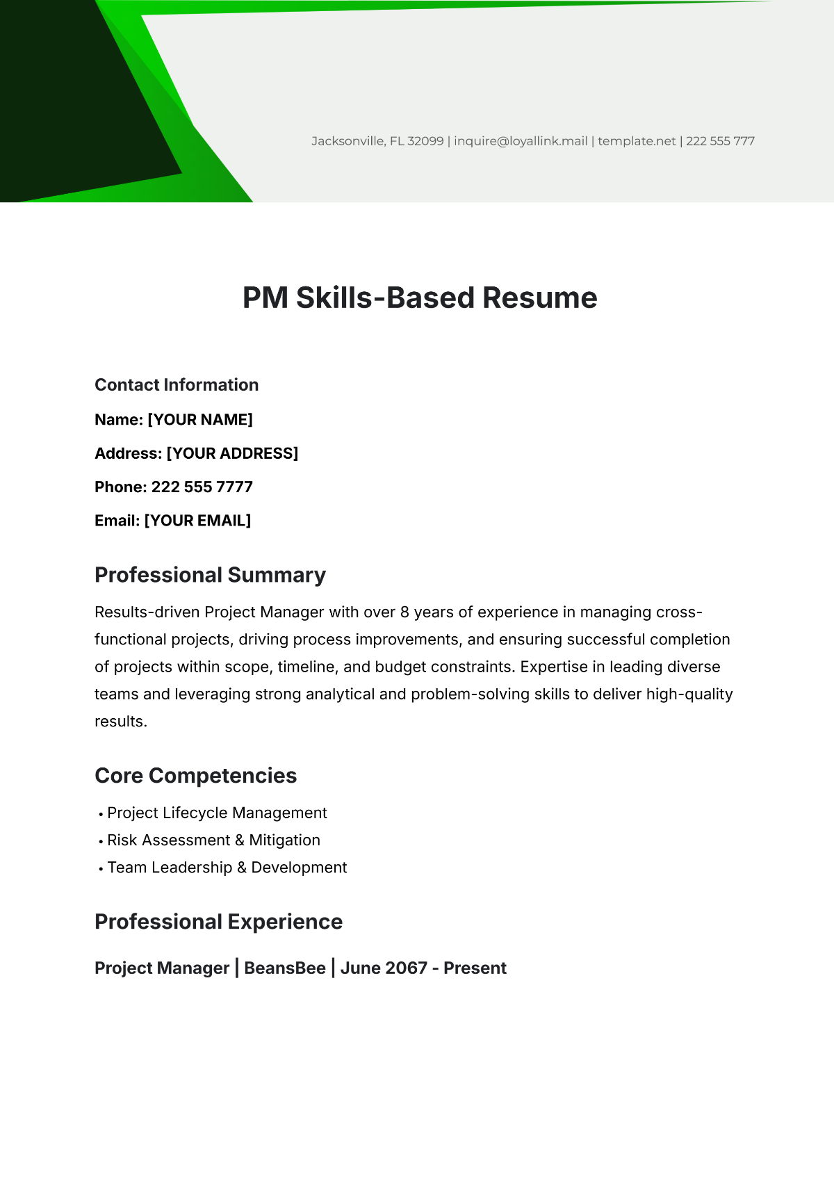 PM Skills-Based Resume Template - Edit Online & Download