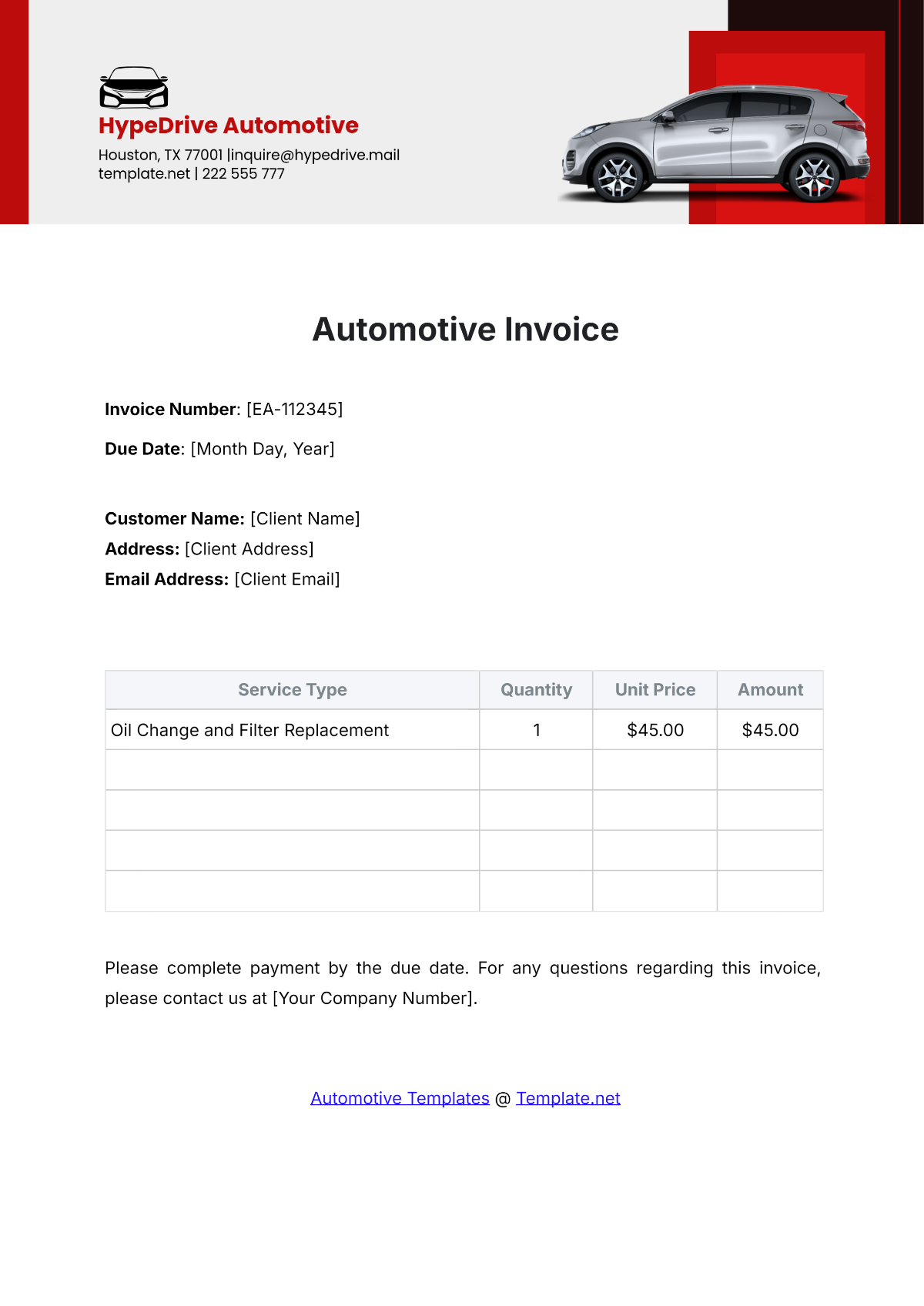 Automotive Invoice Template - Edit Online & Download