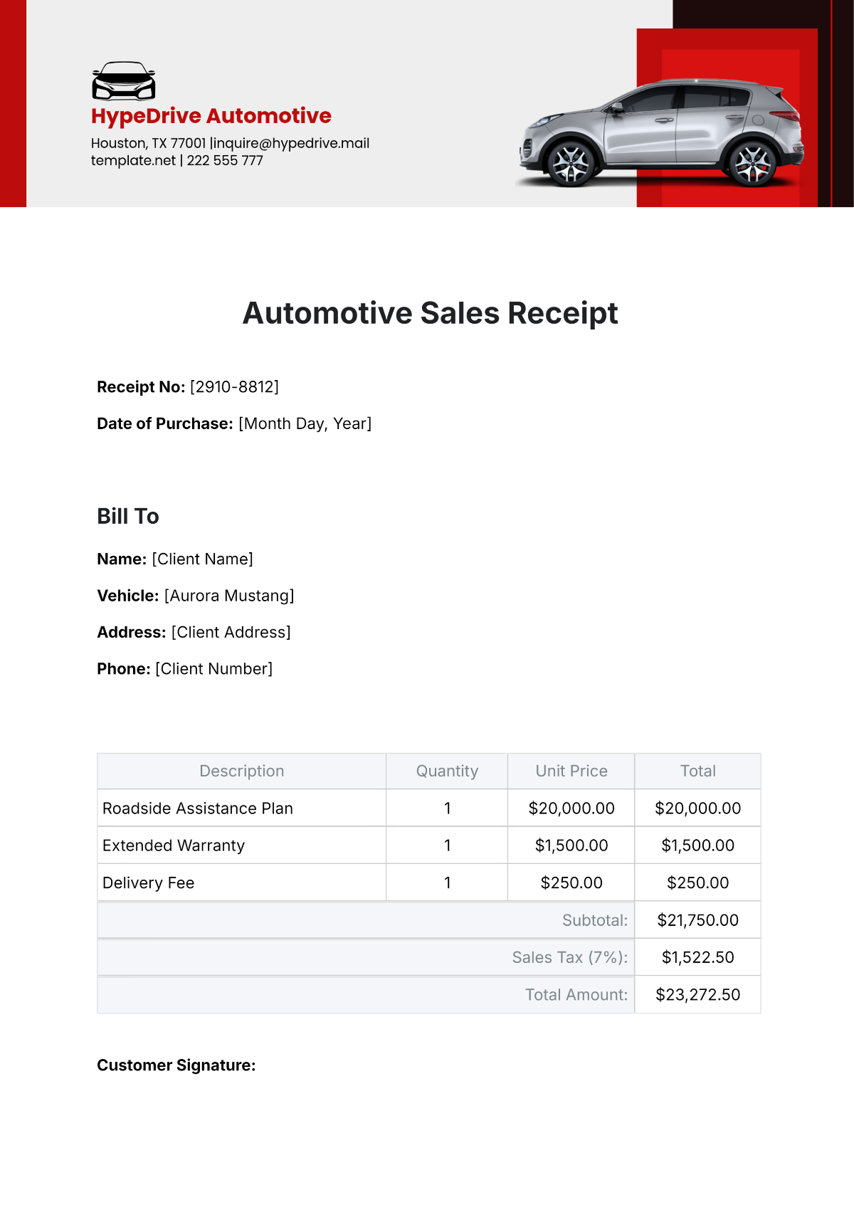 Automotive Sales Receipt Template - Edit Online & Download