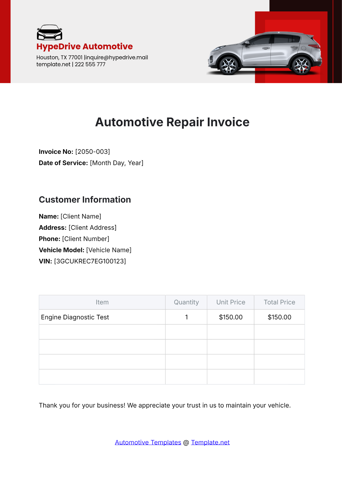 Automotive Repair Invoice Template - Edit Online & Download