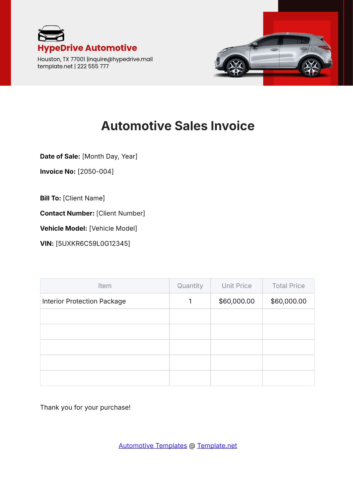 Automotive Sales Invoice Template - Edit Online & Download