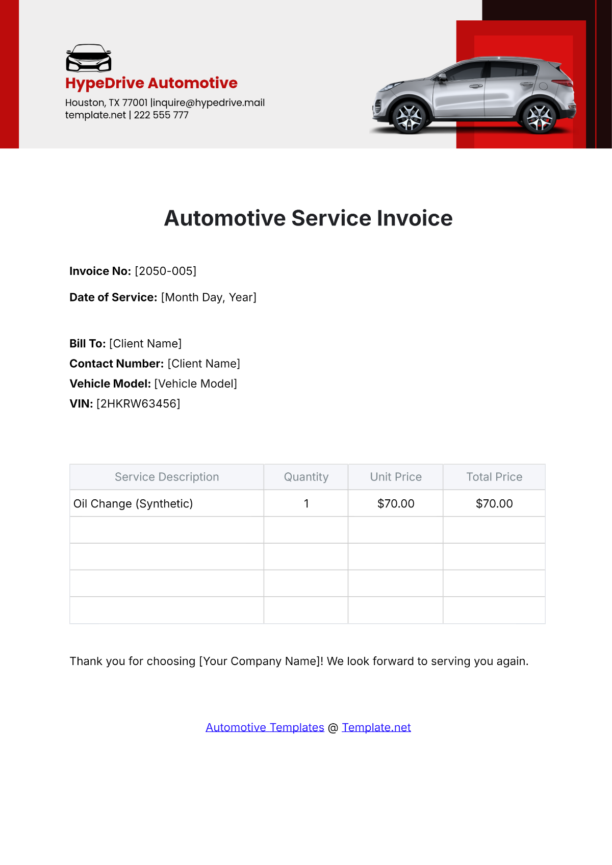 Automotive Service Invoice Template - Edit Online & Download