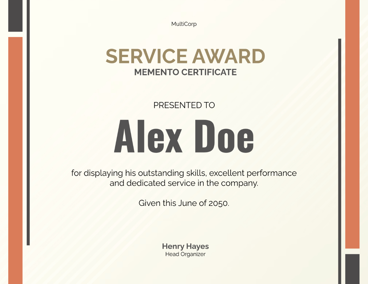 Free Service Award Memento Certificate Template - Edit Online & Download