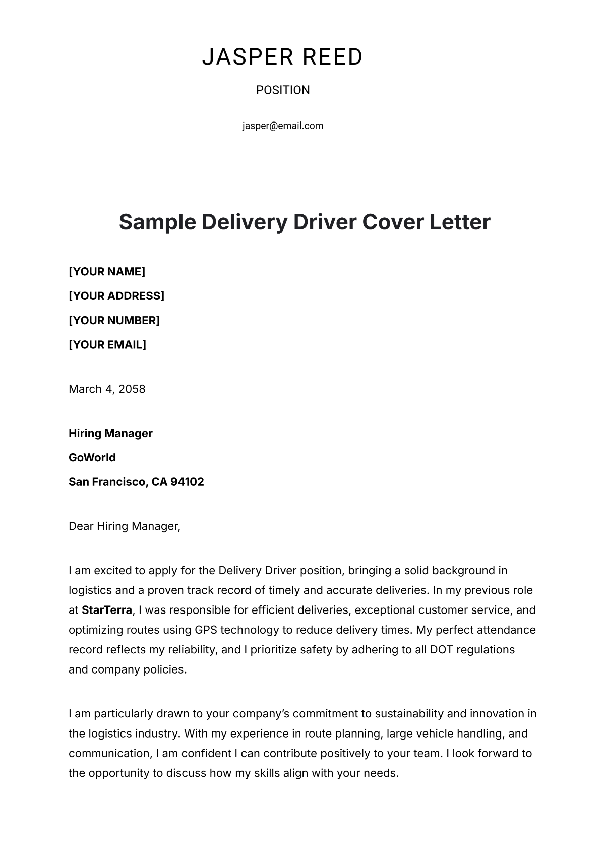 Sample Delivery Driver Cover Letter Template - Edit Online & Download