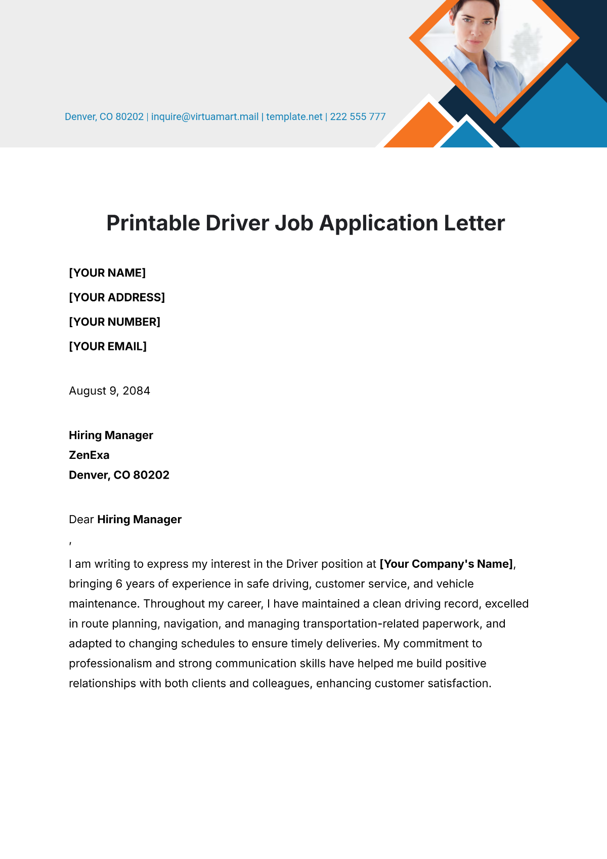 Printable Driver Job Application Letter Template - Edit Online & Download