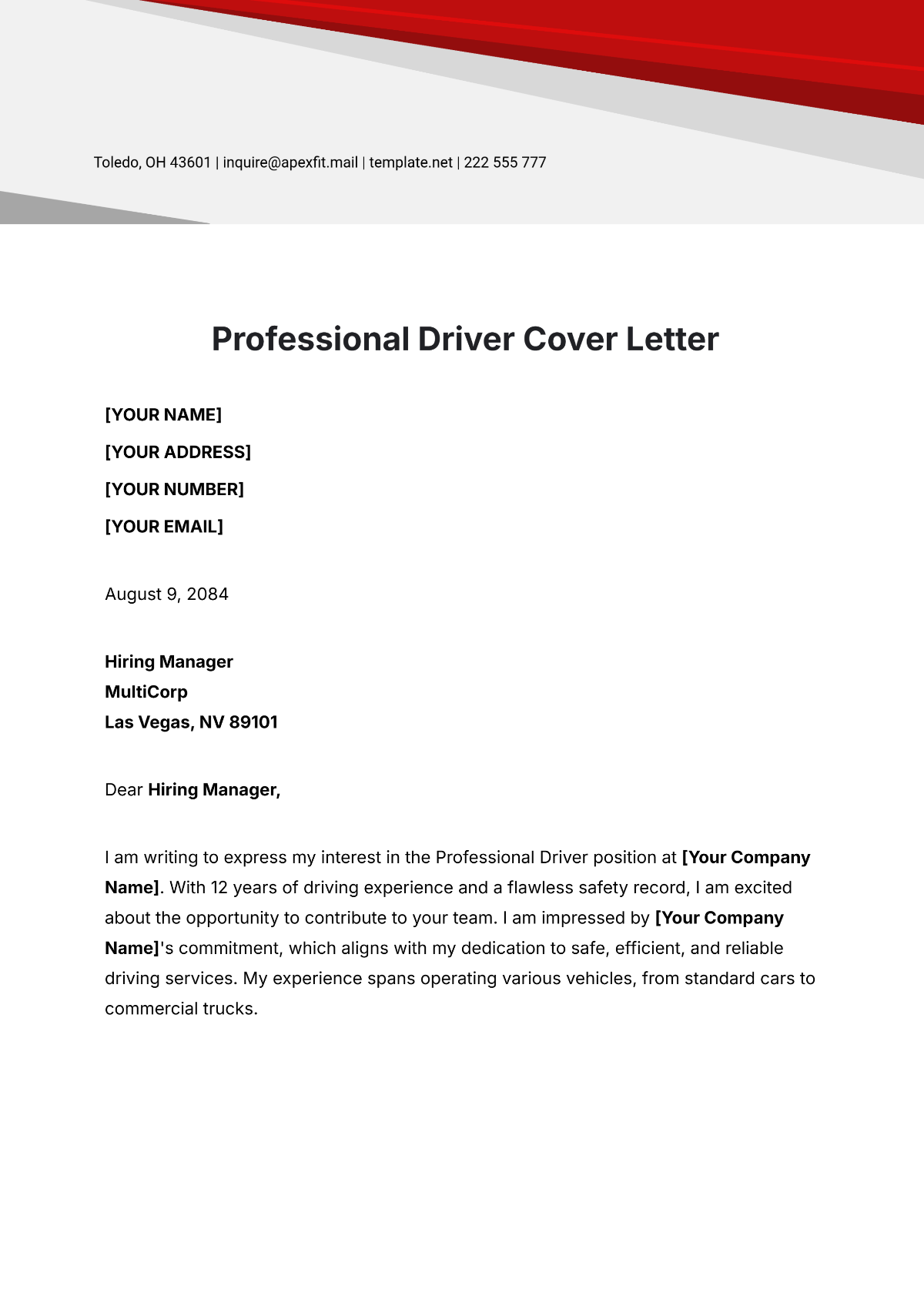 Professional Driver Cover Letter Template - Edit Online & Download