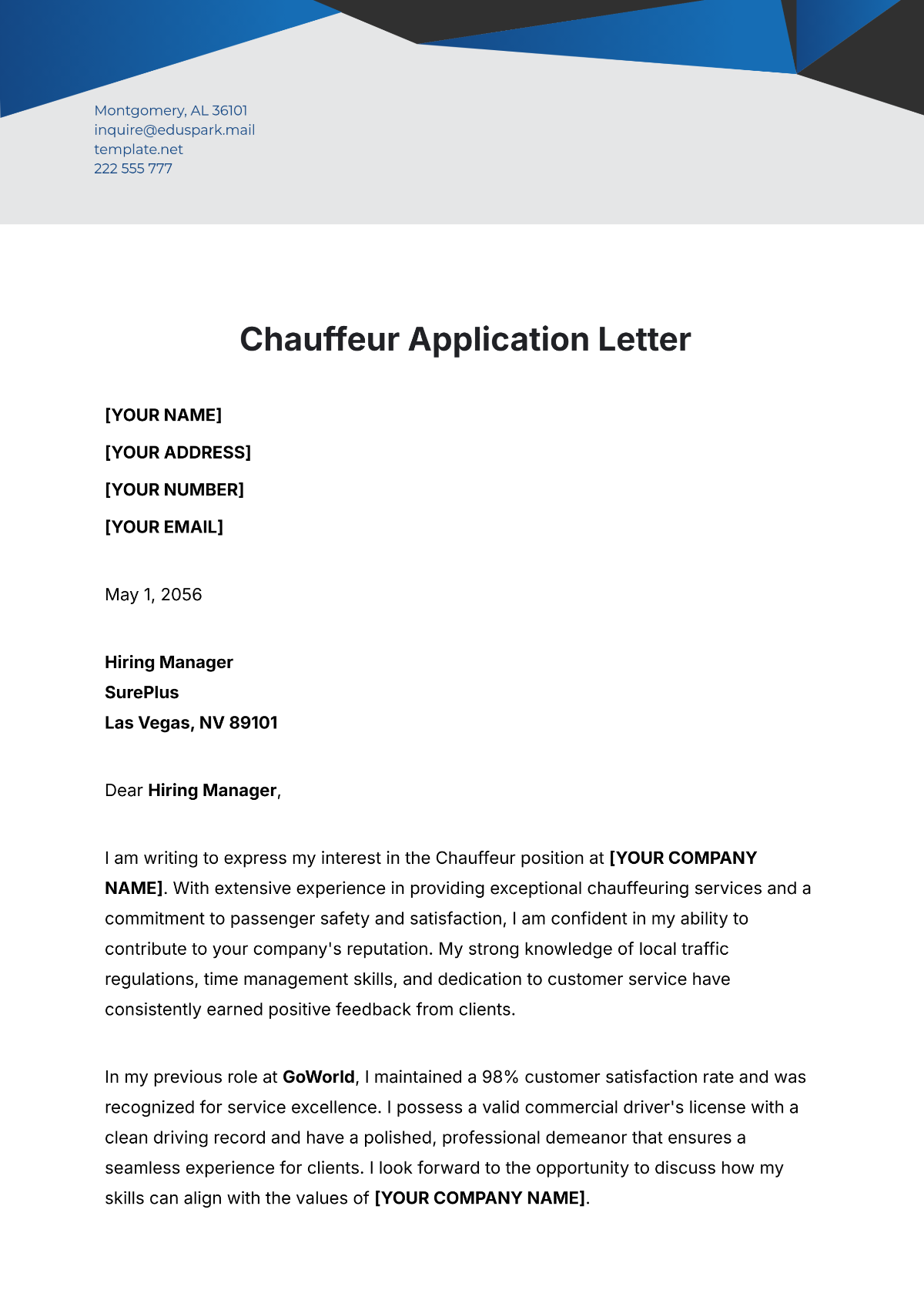 Chauffeur Application Letter Template - Edit Online & Download