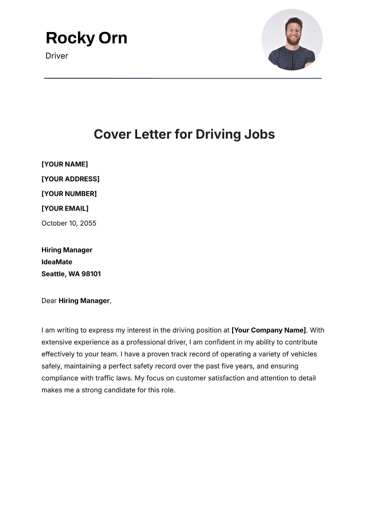 Cover Letter for Driving Jobs Template - Edit Online & Download