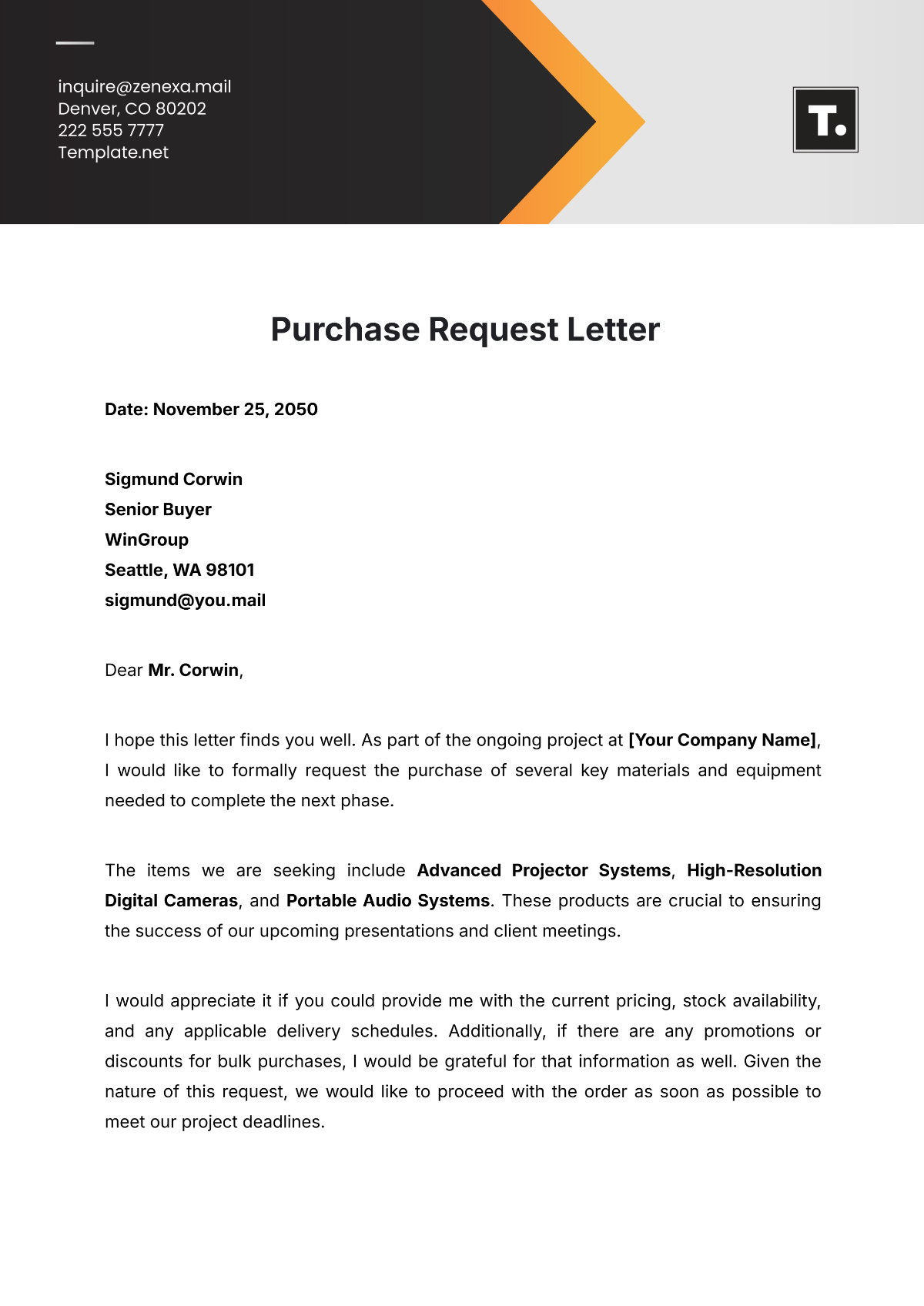 Purchase Request Letter Template