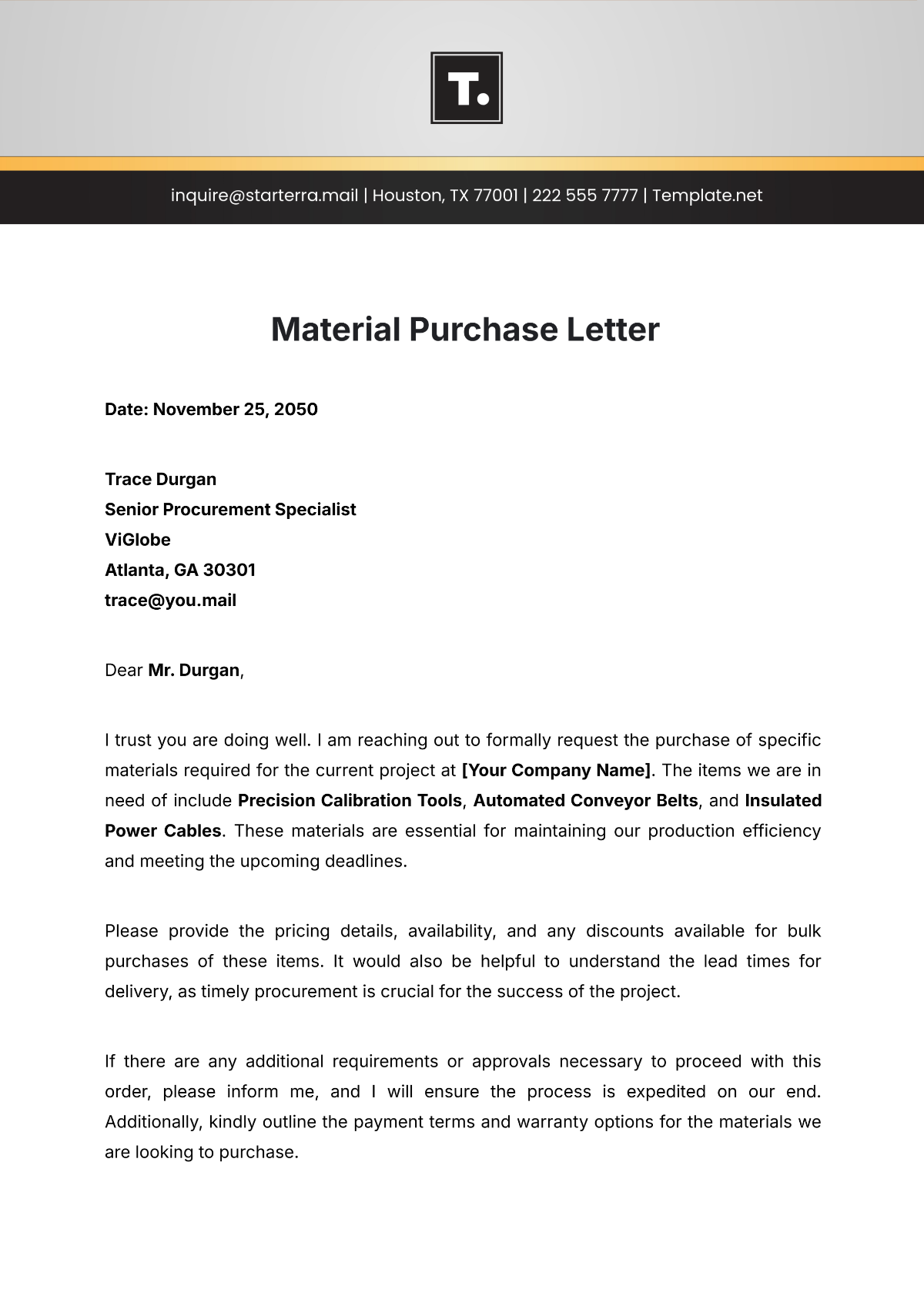 Material Purchase Letter Template