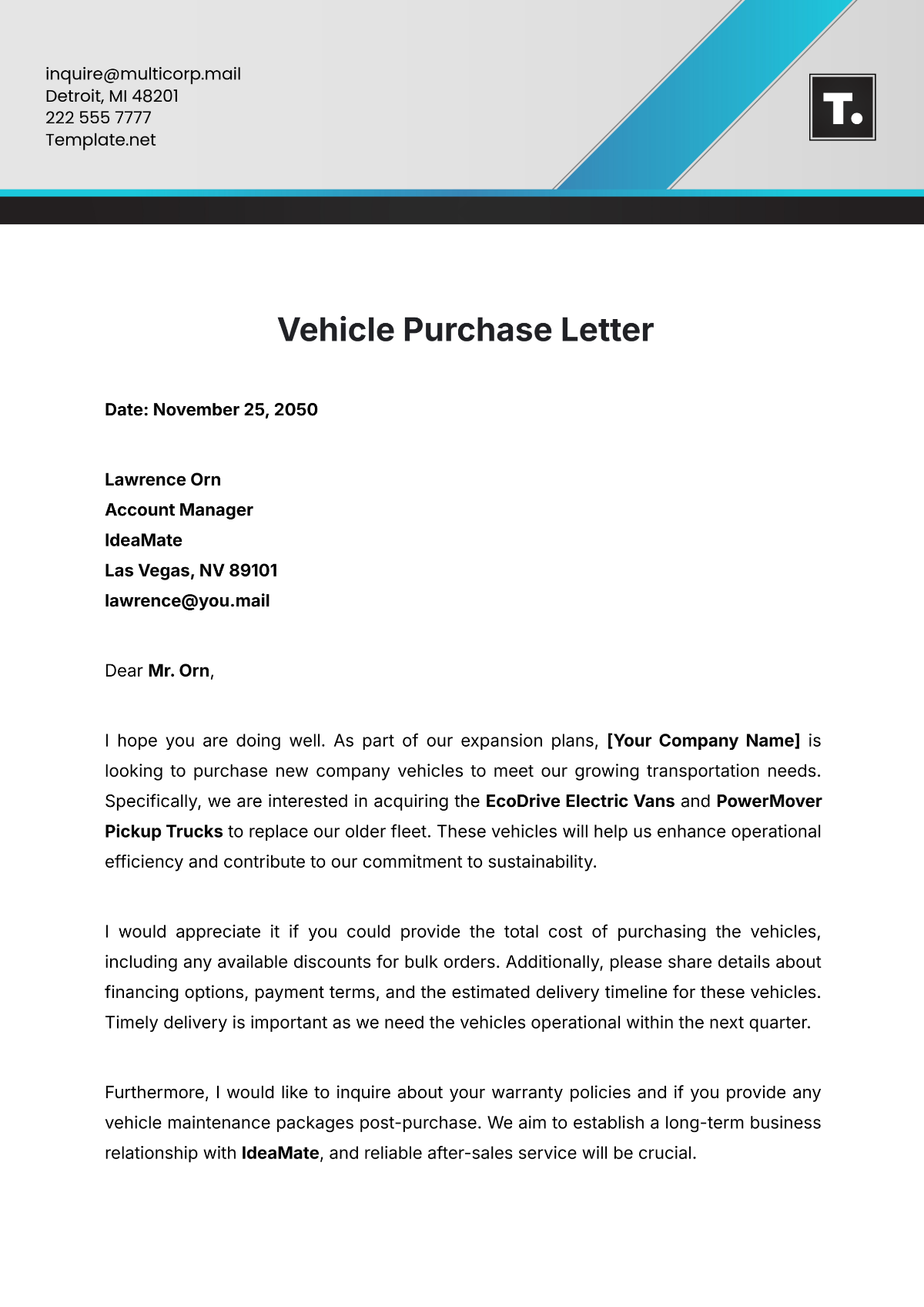 Vehicle Purchase Letter Template