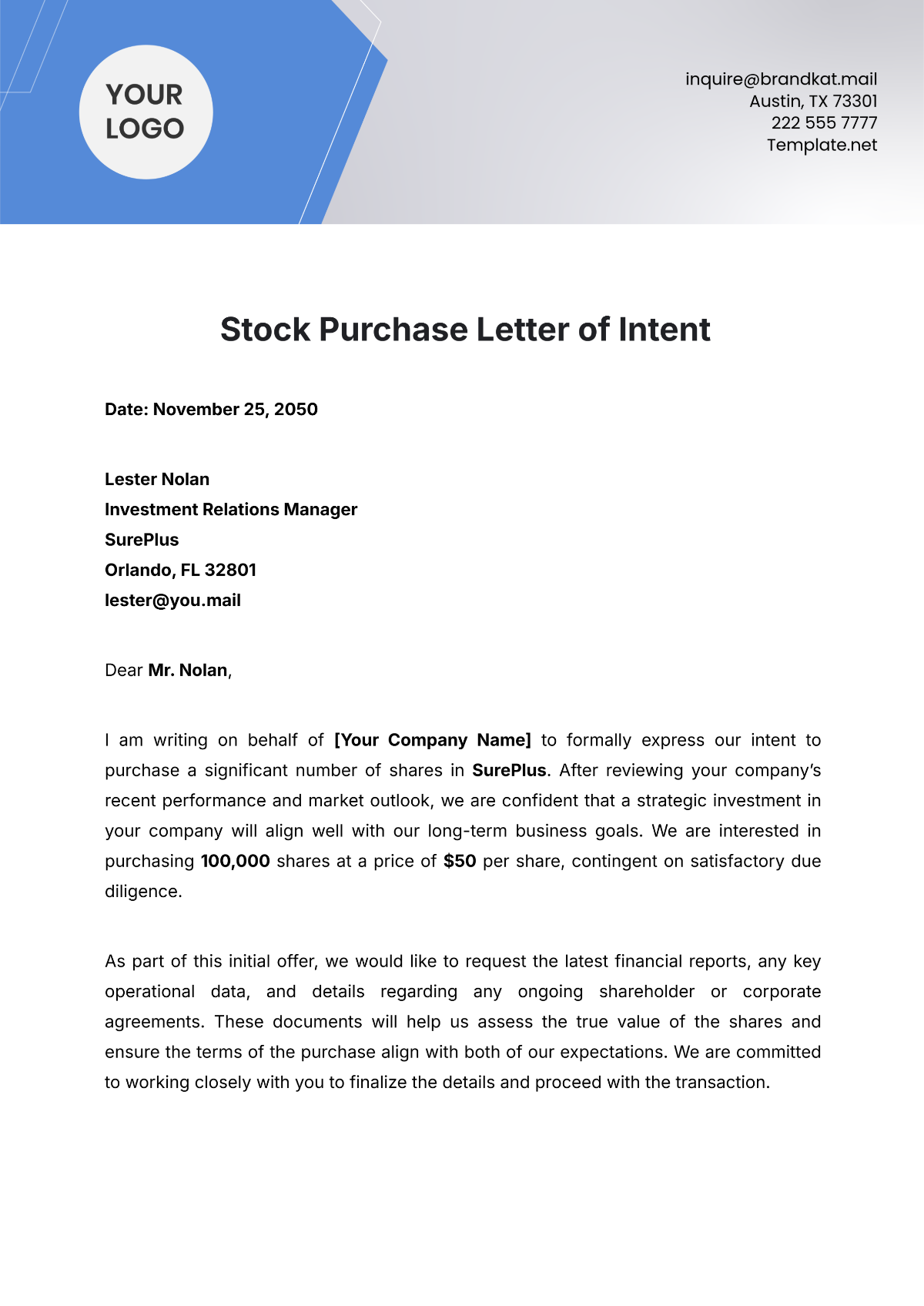 Stock Purchase Letter of Intent Template - Edit Online & Download