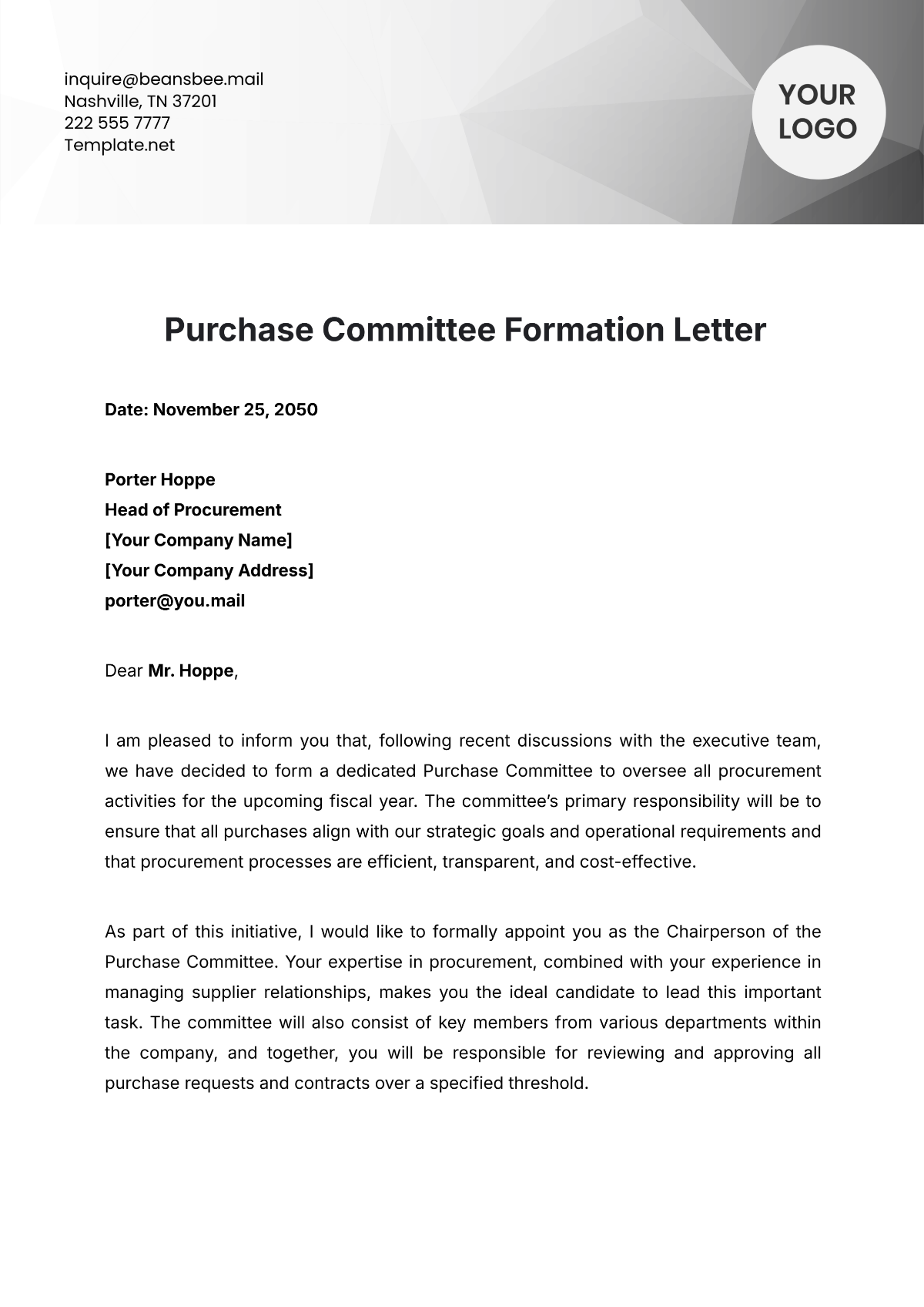 Purchase Committee Formation Letter Template