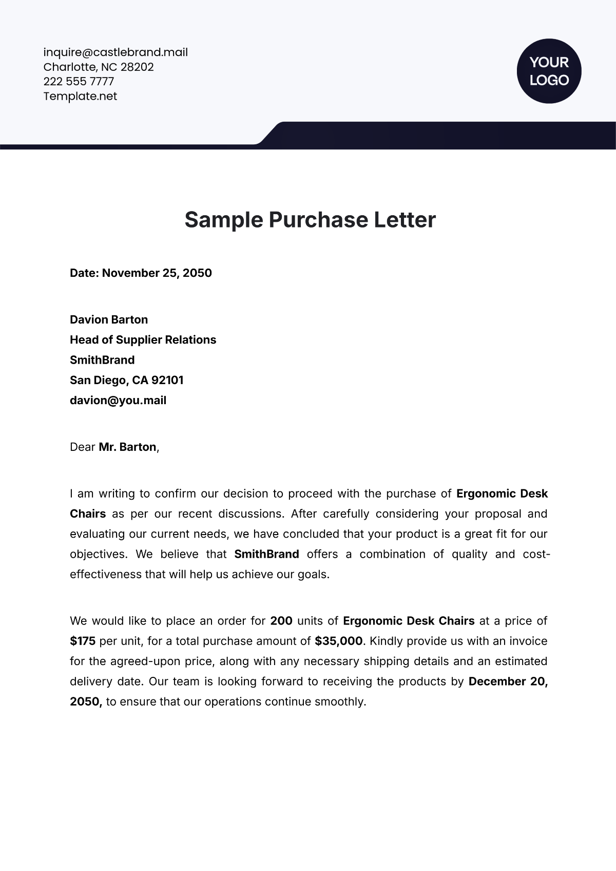 Sample Purchase Letter Template