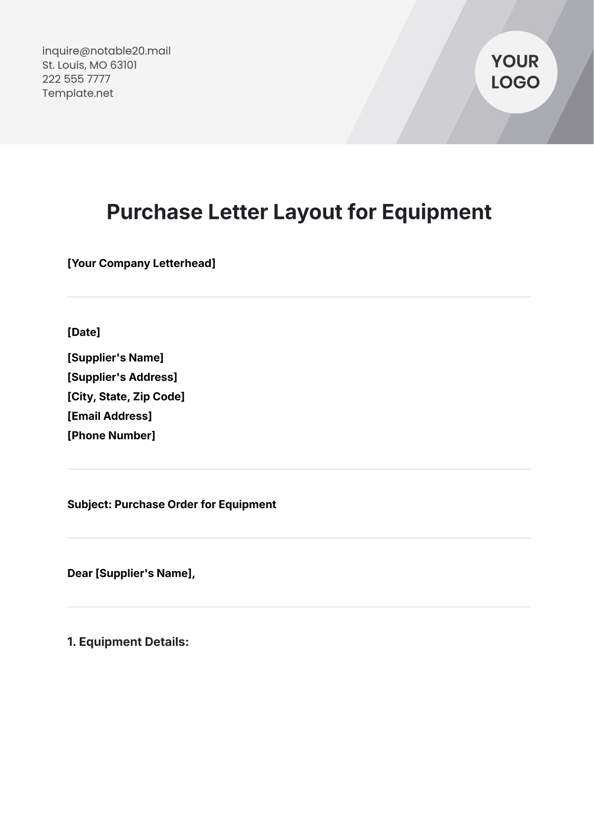 Purchase Letter Layout for Equipment Template