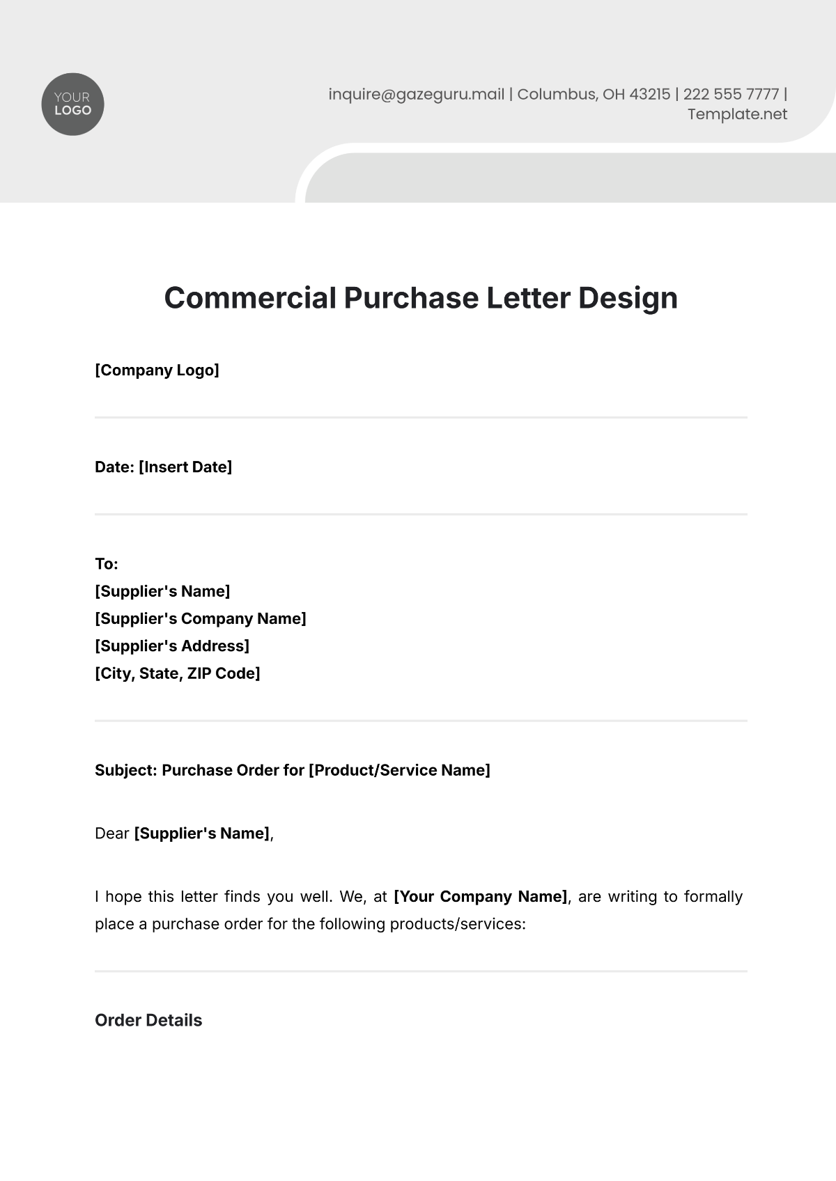 Commercial Purchase Letter Design Template