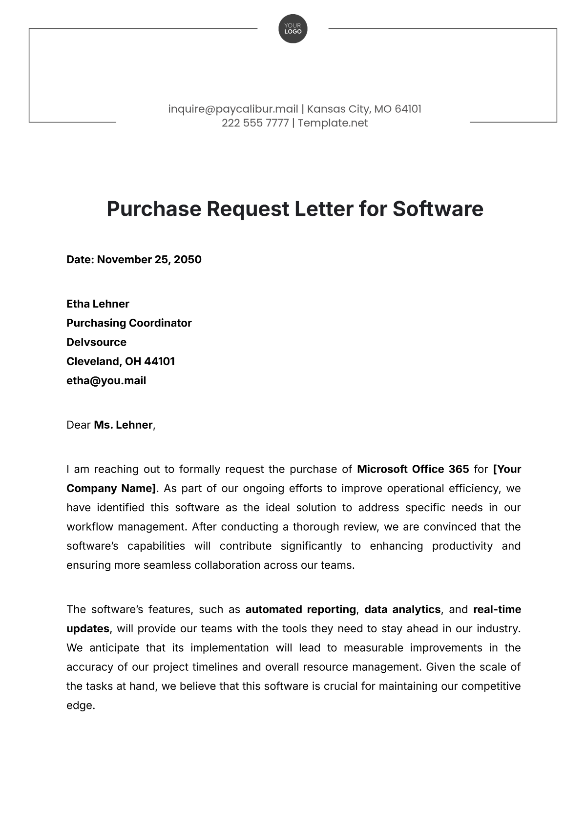 Purchase Request Letter for Software Template