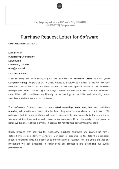 Free Purchase Request Letter for Software Template to Edit Online