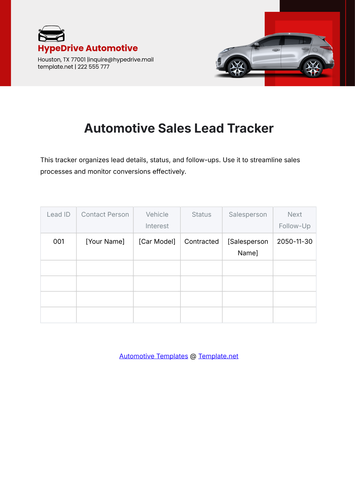 Automotive Sales Lead Tracker Template - Edit Online & Download