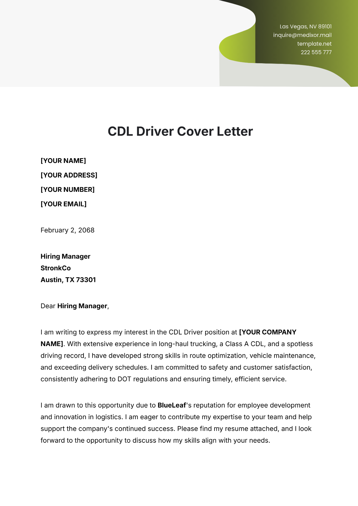 CDL Driver Cover Letter Template - Edit Online & Download