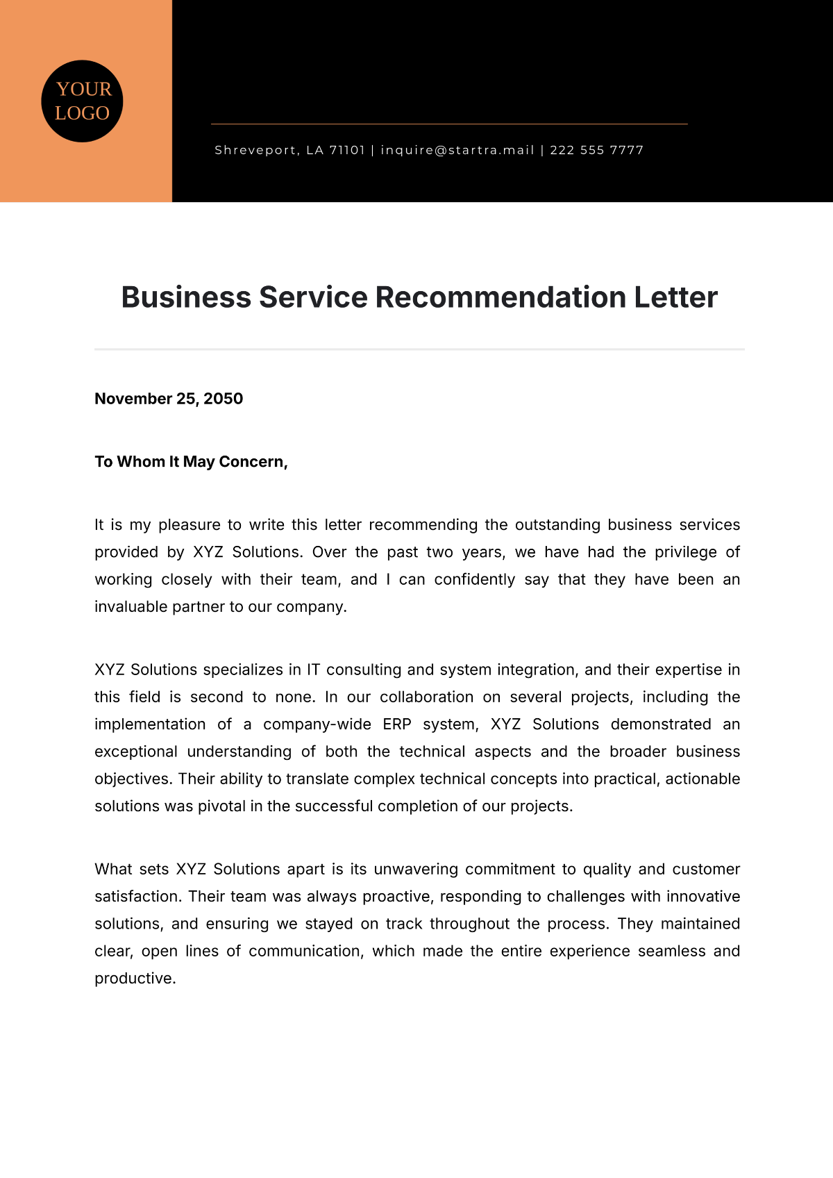 Business Service Recommendation Letter Template - Edit Online & Download