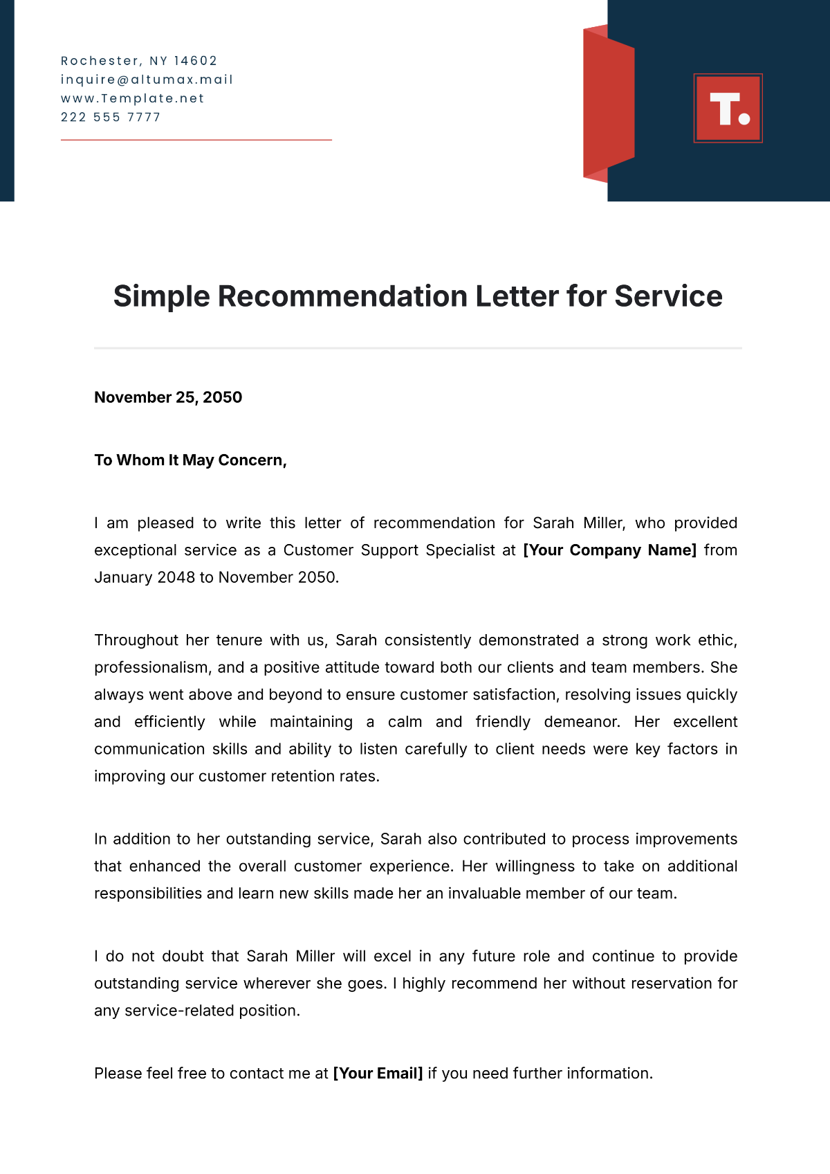 Simple Recommendation Letter for Service Provider Template - Edit Online & Download