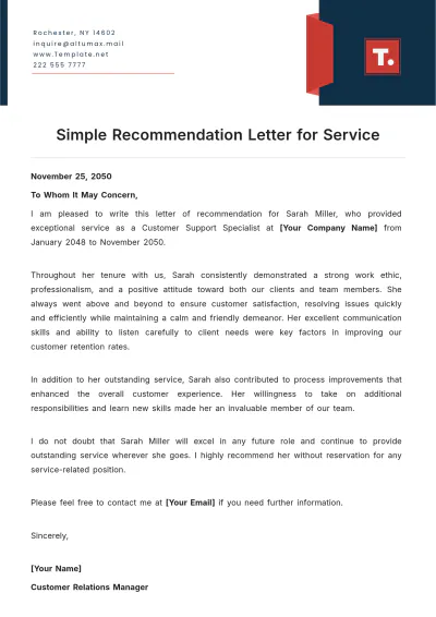 Free Simple Recommendation Letter for Service Provider Template to Edit Online