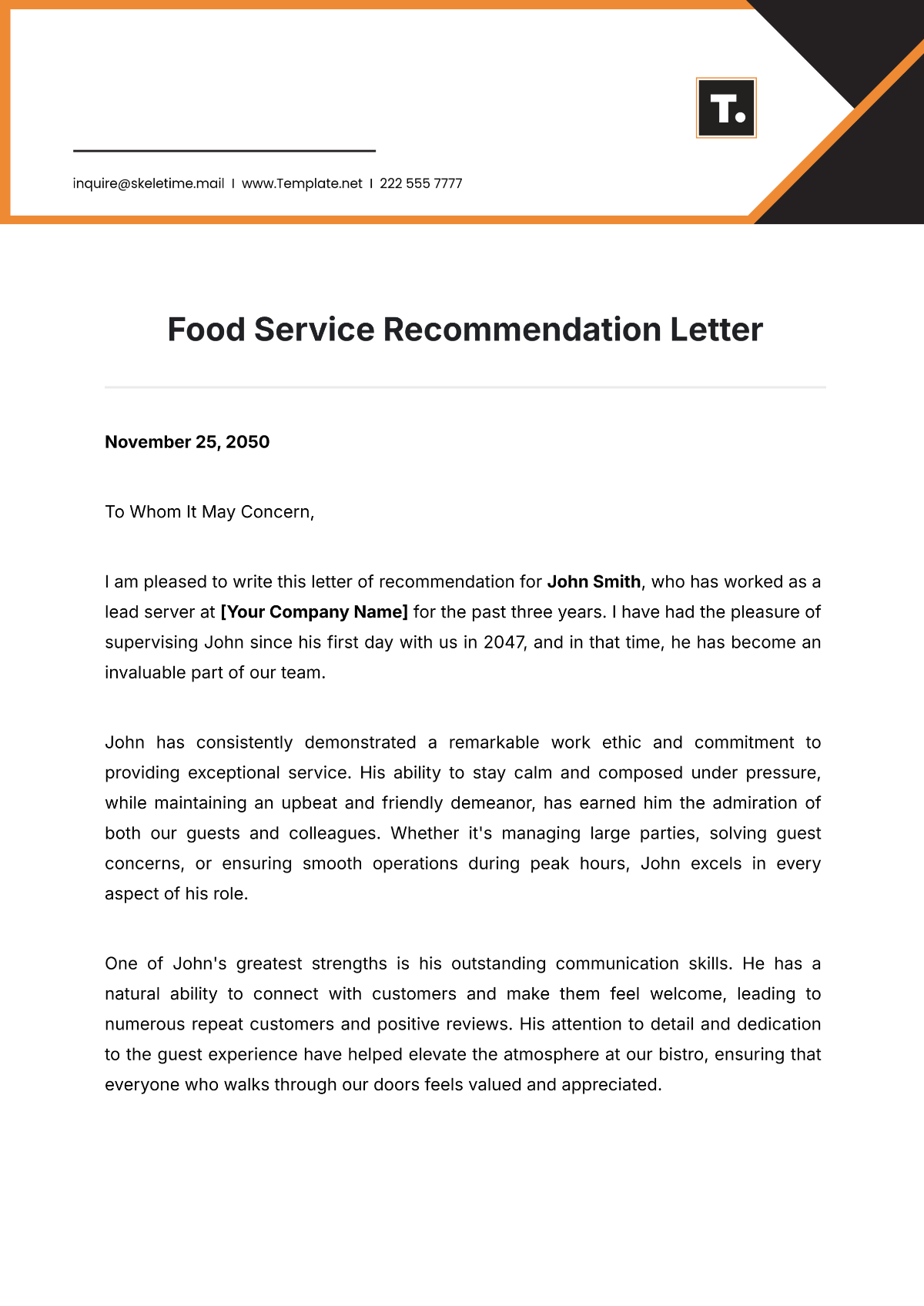 Food Service Recommendation Letter Template - Edit Online & Download