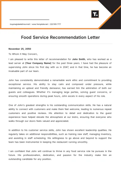 Free Food Service Recommendation Letter Template to Edit Online
