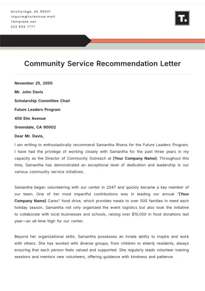 Free Community Service Recommendation Letter Template to Edit Online