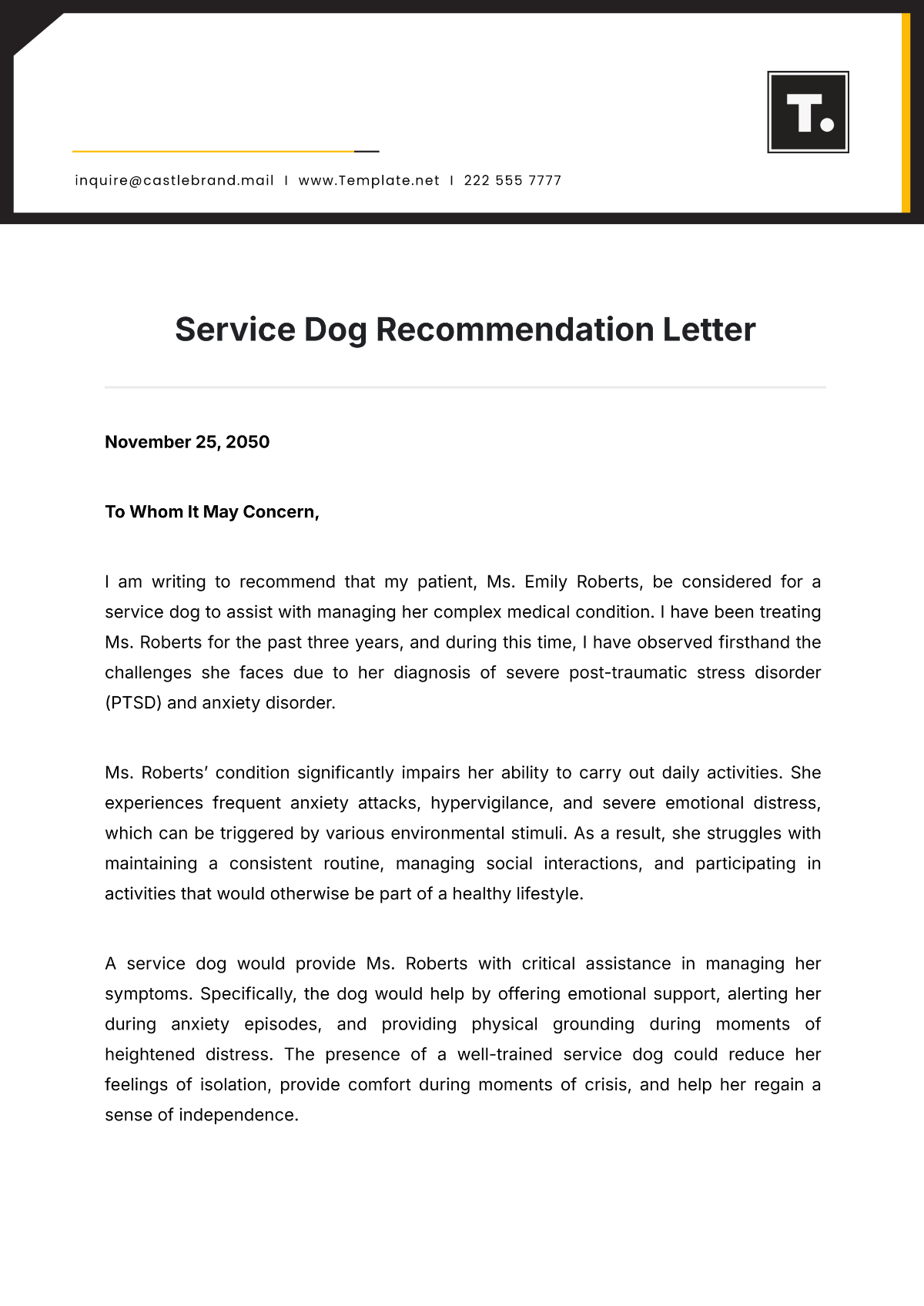 Service Dog Recommendation Letter Template - Edit Online & Download