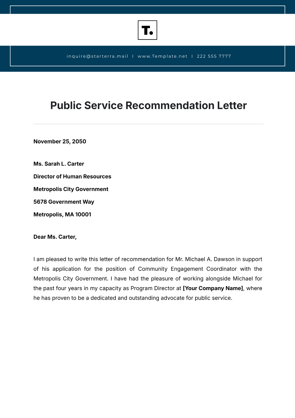 Public Service Recommendation Letter Template - Edit Online & Download