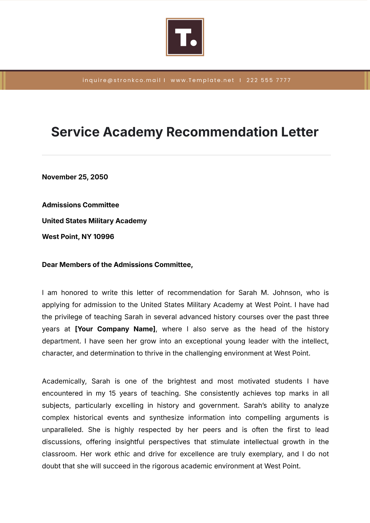 Service Academy Recommendation Letter Template - Edit Online & Download