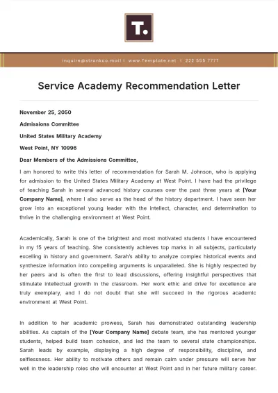 Free Service Academy Recommendation Letter Template to Edit Online