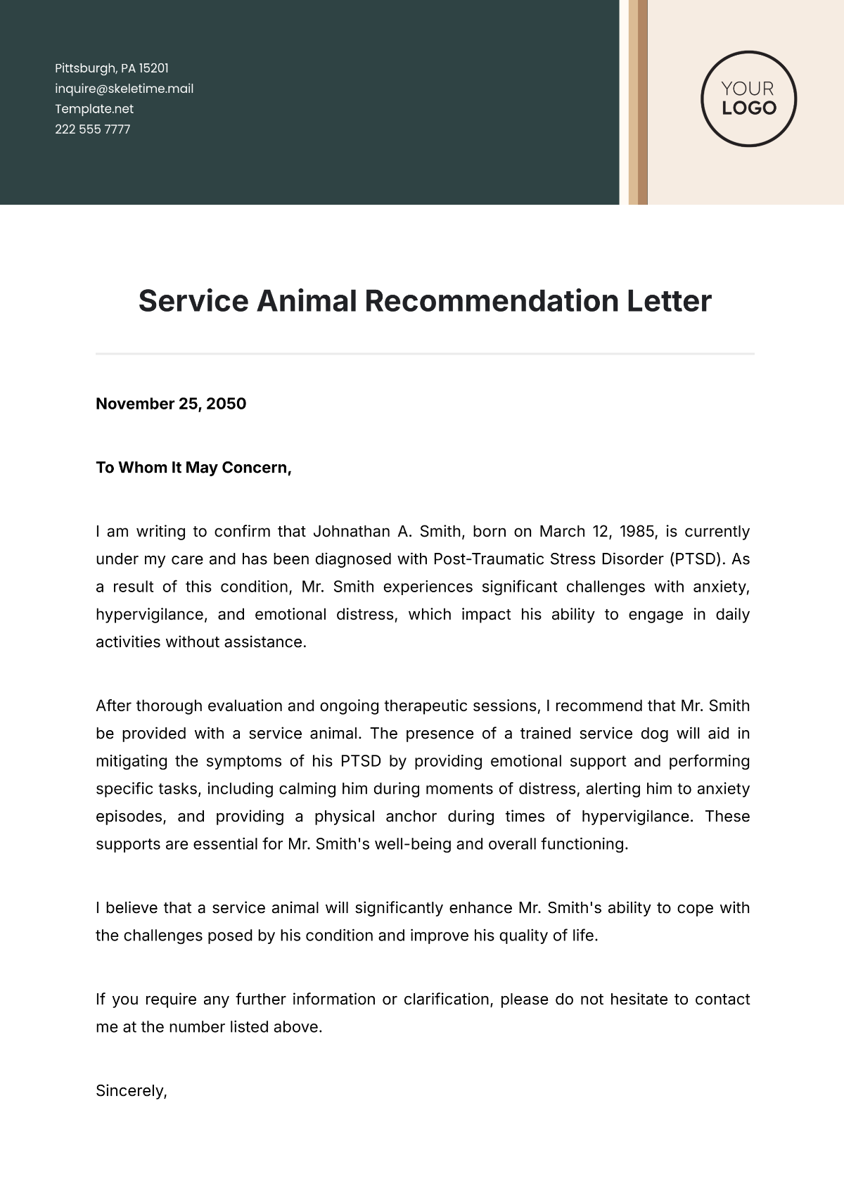 Service Animal Recommendation Letter Template - Edit Online & Download