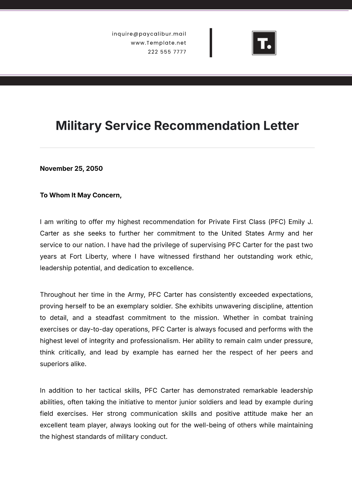 Military Service Recommendation Letter Template - Edit Online & Download