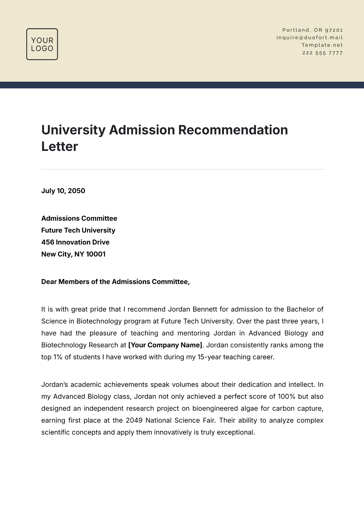 University Admission Recommendation Letter Template - Edit Online & Download