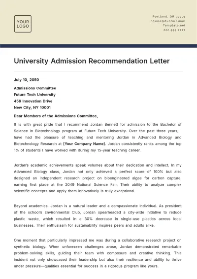 Free University Admission Recommendation Letter Template to Edit Online