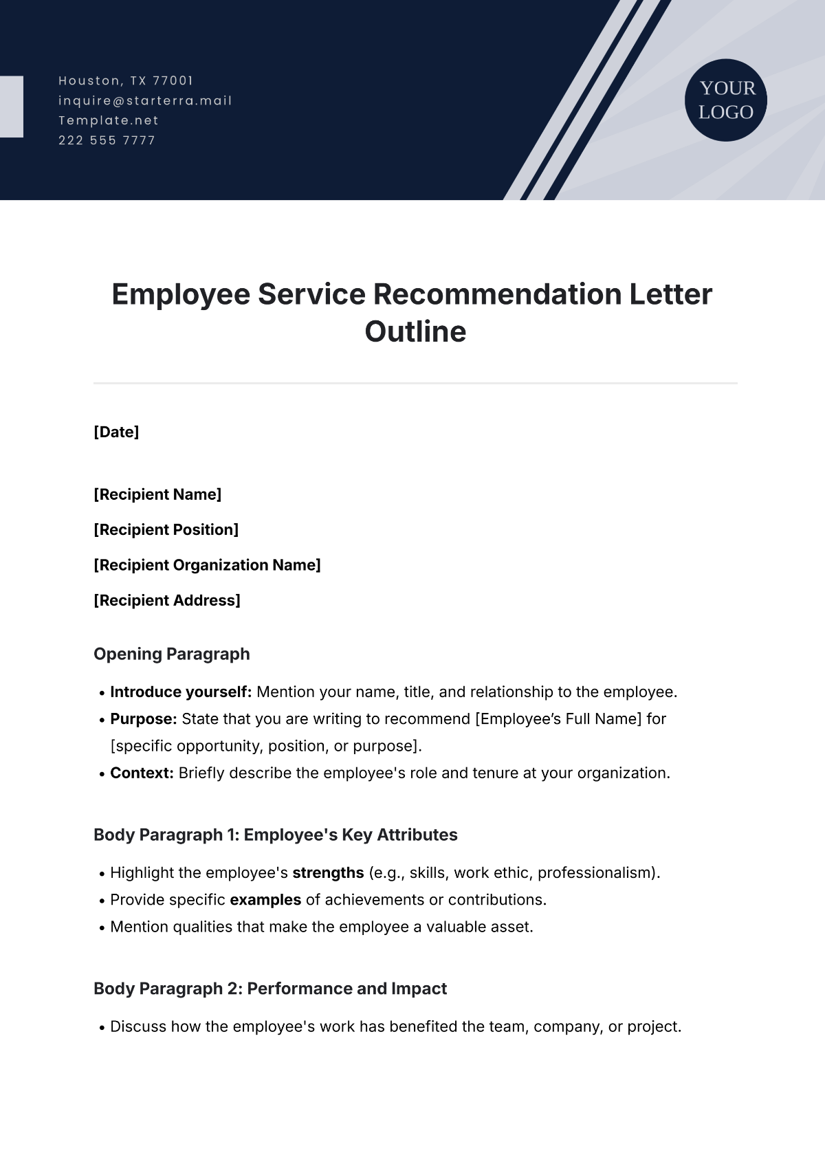 Employee Service Recommendation Letter Outline Template - Edit Online & Download