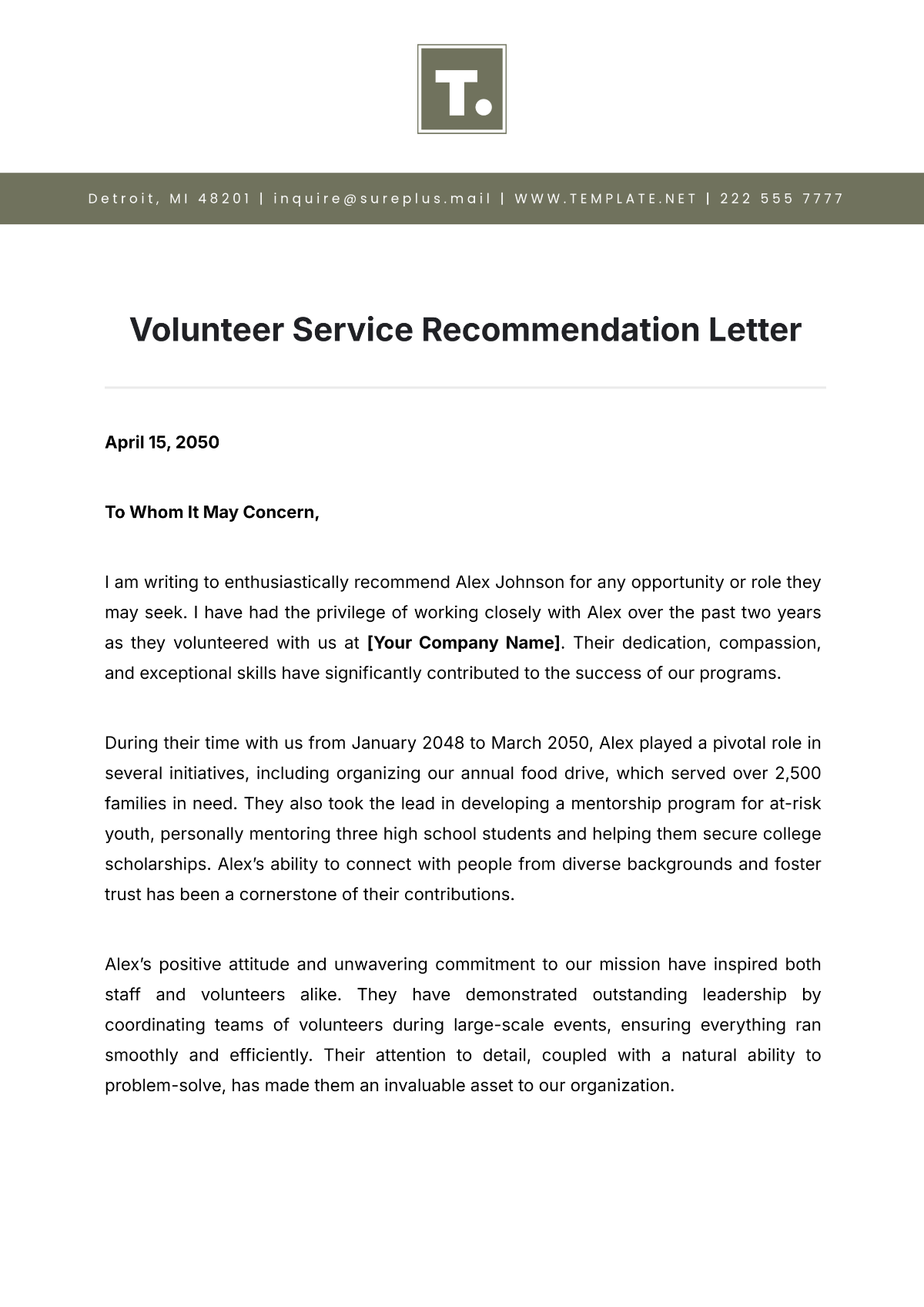 Volunteer Service Recommendation Letter Template - Edit Online & Download